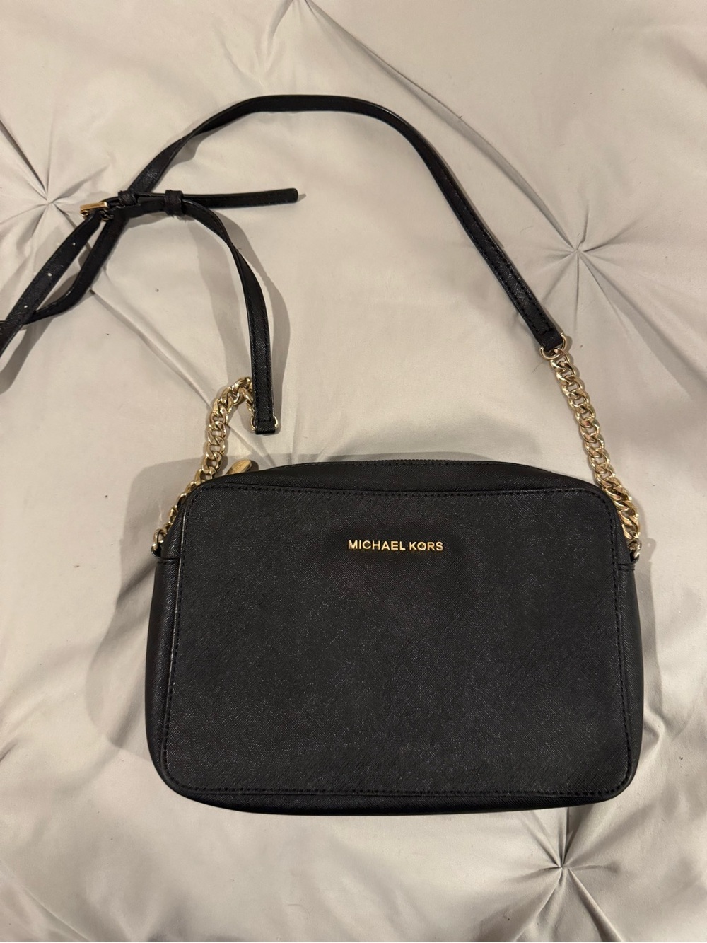 Michael Kors Black Leather Crossbody with Gold Chain
